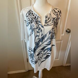 Chico's White and Navy Floral Tunic Top